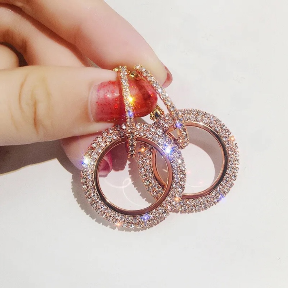 NEW Circle Sparkly Rhinestone Dangle Earrings, Silver or Rose Gold - STUNNING! - Picture 9 of 10